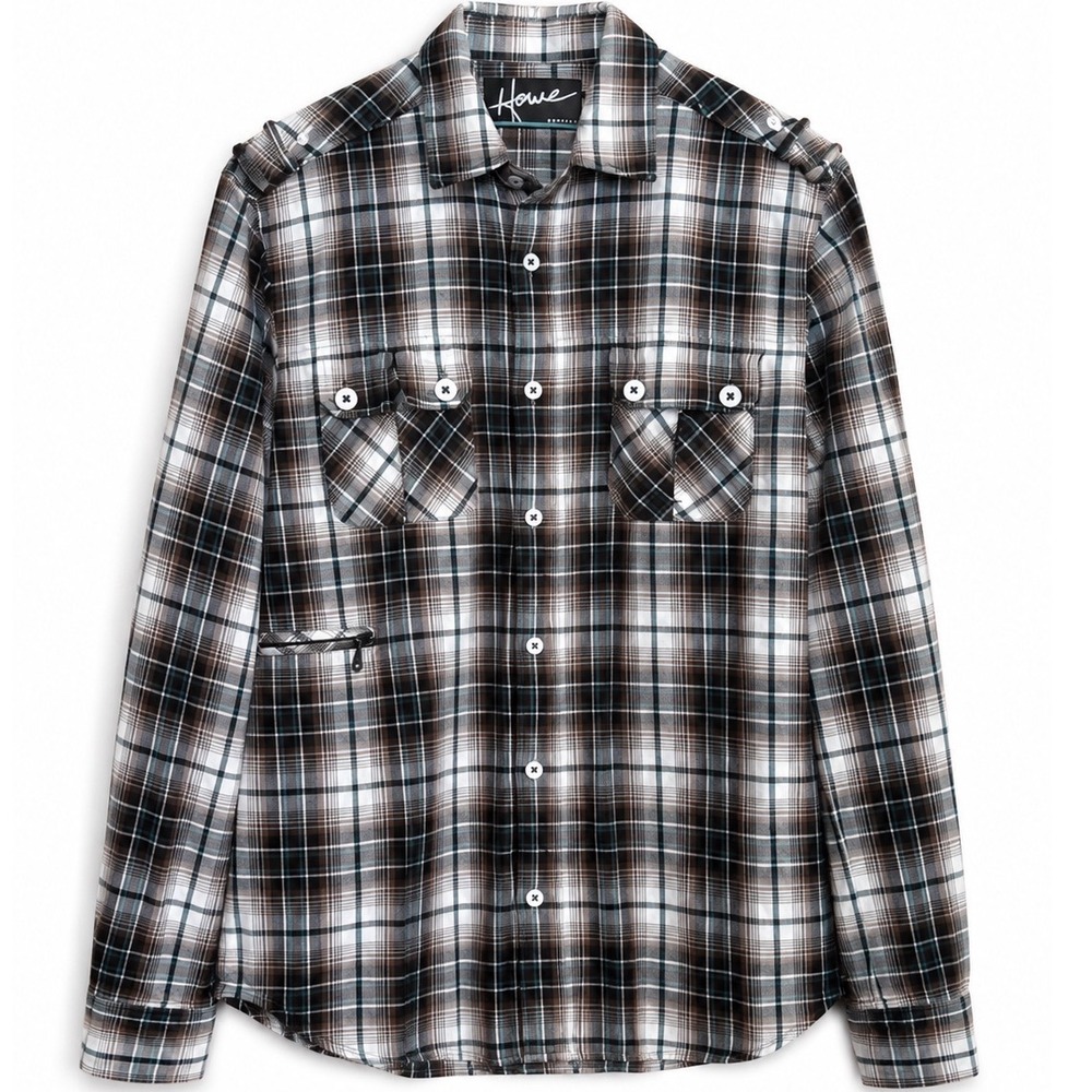 Howe Mens Small Plaid Button Down Shirt Brown Black Long Sleeve Military Utility